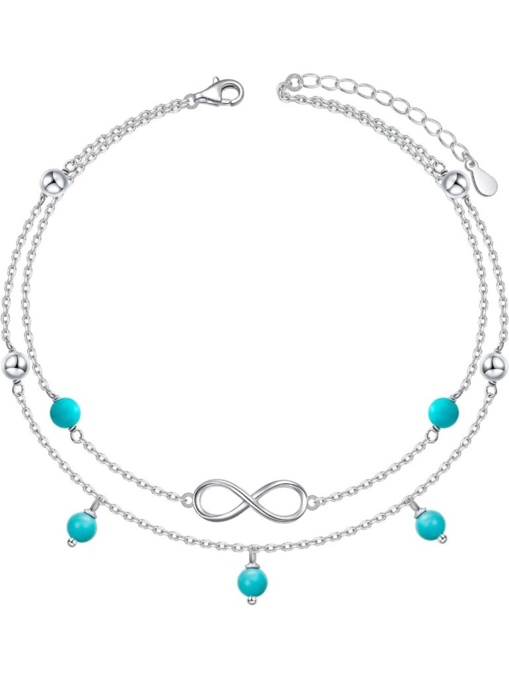 Adjustable S925 Sterling Silver Anklet for Women | Beaded Heart Charm Jewelry
